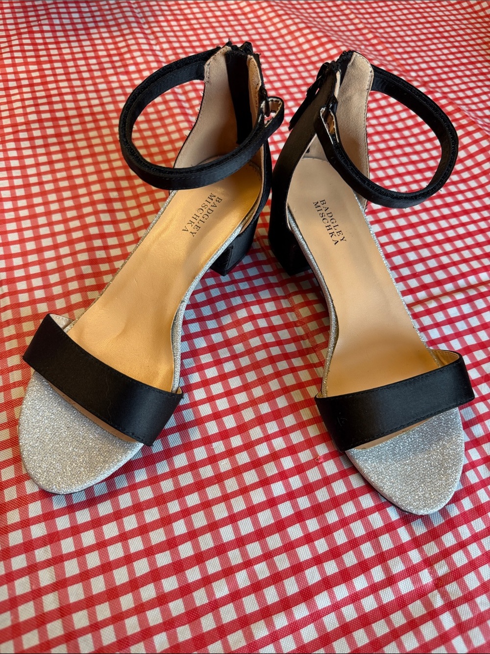 Badgley Mischka Black and Silver Open-Toe Ankle-Strap Block Heels